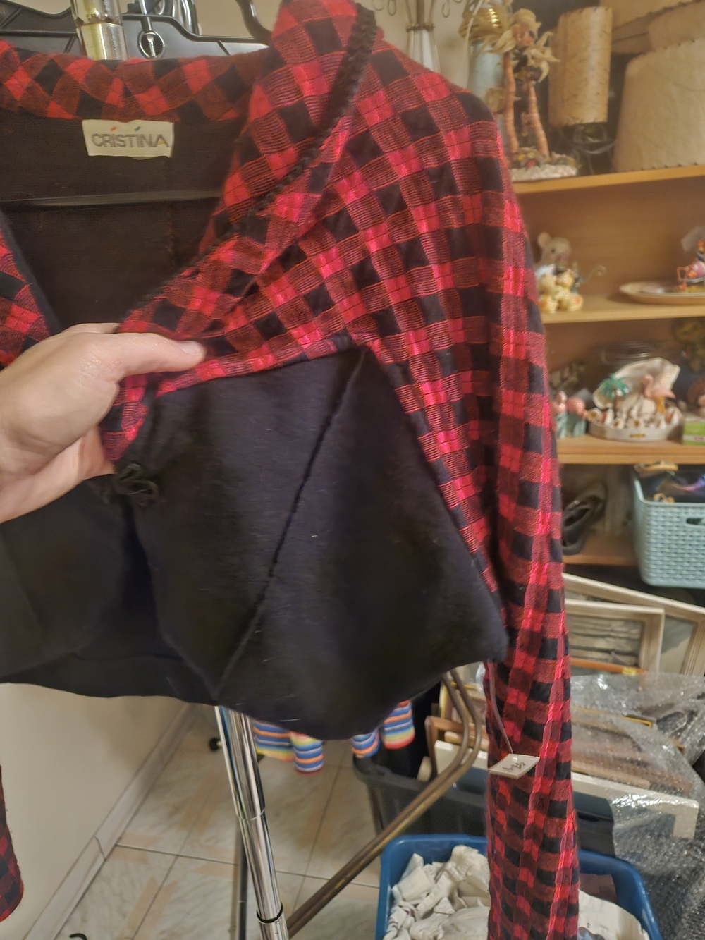 Retro Plaid 1980s Bolero Crop Dolman Sleeve Shrug - Picture 2 of 3